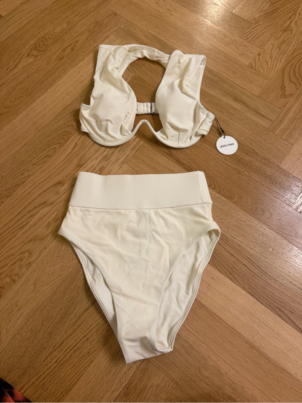 Andrea Iyamah brand new High-Waist Two-Piece Swim Set in Cream size S